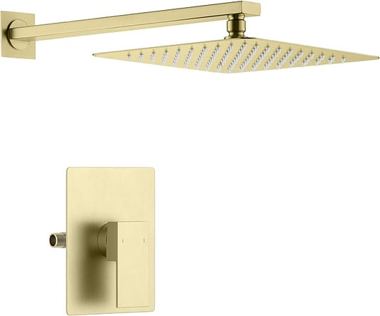 KIBI Cube Bathroom Shower System | Single Function Wall Mounted Shower Faucet Set for Bathroom with Solid Brass Pressure Balanced Construction (Brushed Gold) (KSF411)
