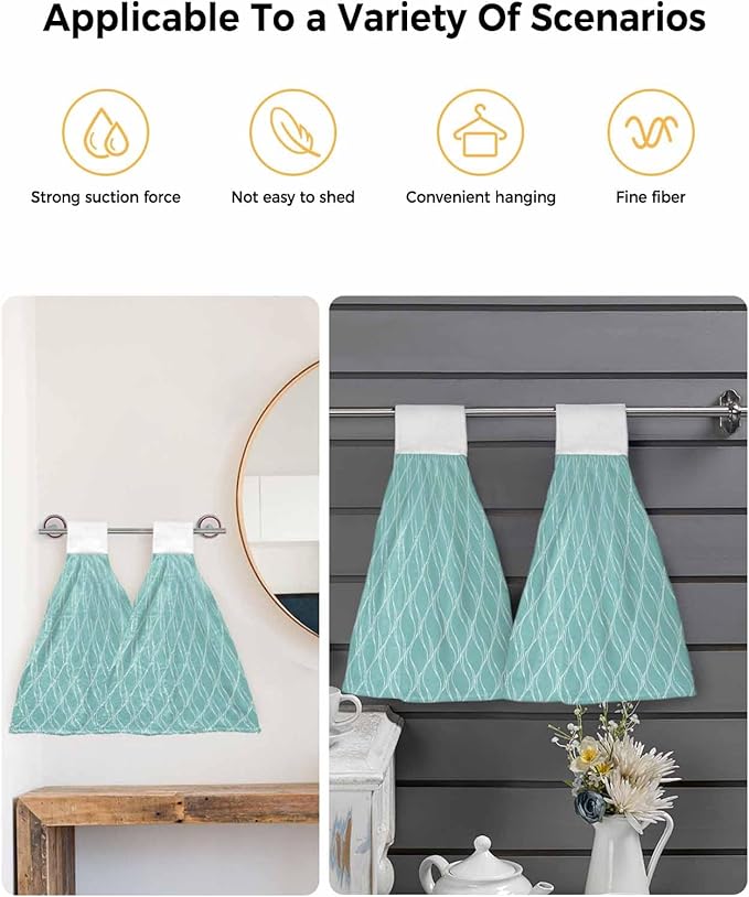 Alandar Home Kitchen Tie Towel Set of 2, White Wave Stripe on Teal Absorbent Soft Hand Towels for Bathroom Hanging Towels, Abstract Geometric Texture Fast Drying Cleaning Cloth with Loop