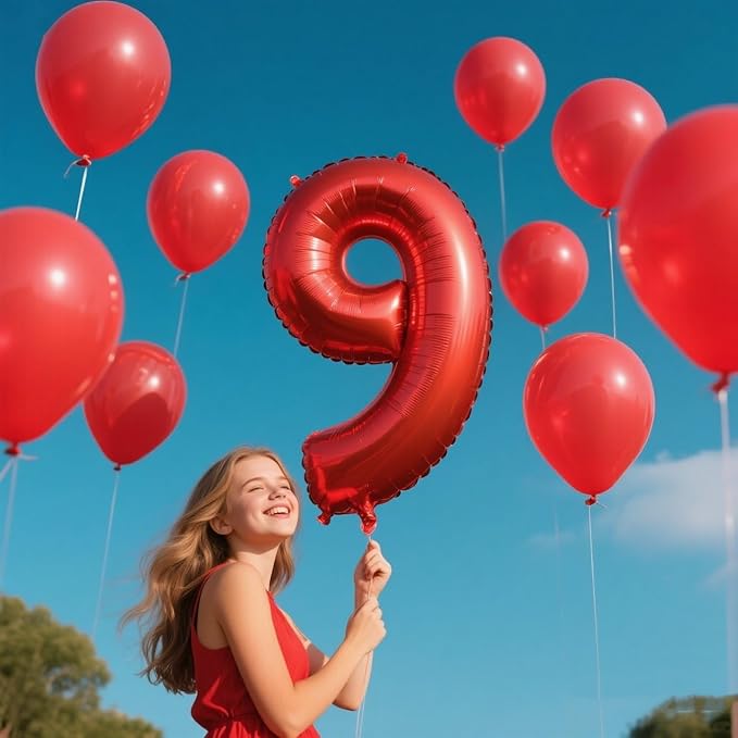 9Th Birthday Decorations 9 Number Balloons, Happy Birthday Decoration for 9th, Red Balloon Numbers 40 Inch for Girls Boys Women Men Engagement, Bridal Shower Party