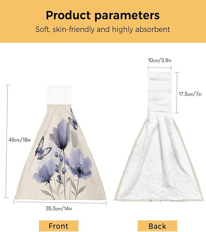 Alandar Home Kitchen Tie Towel Set of 2, Watercolor Purple Flowers Butterfly Absorbent Soft Hand Towels for Bathroom Hanging Towels, Blossom on Vintage Linen Fast Drying Cleaning Cloth with Loop