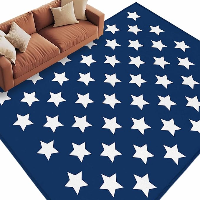 Area Rug 6x9ft, 4th of July White Star on Navy Blue Washable Rugs for Living Room Bedroom, Independence Freedom Liberty Soft Non-Slip Area Rugs Rectangle Floor Carpet for Dining Room