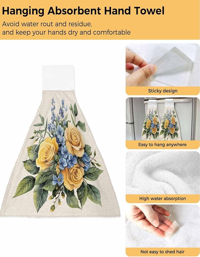 Alandar Home Kitchen Tie Towel Set of 2, Watercolor Blue Yellow Roses Absorbent Soft Hand Towels for Bathroom Hanging Towels, Vintage Country Floral Fast Drying Cleaning Cloth with Loop