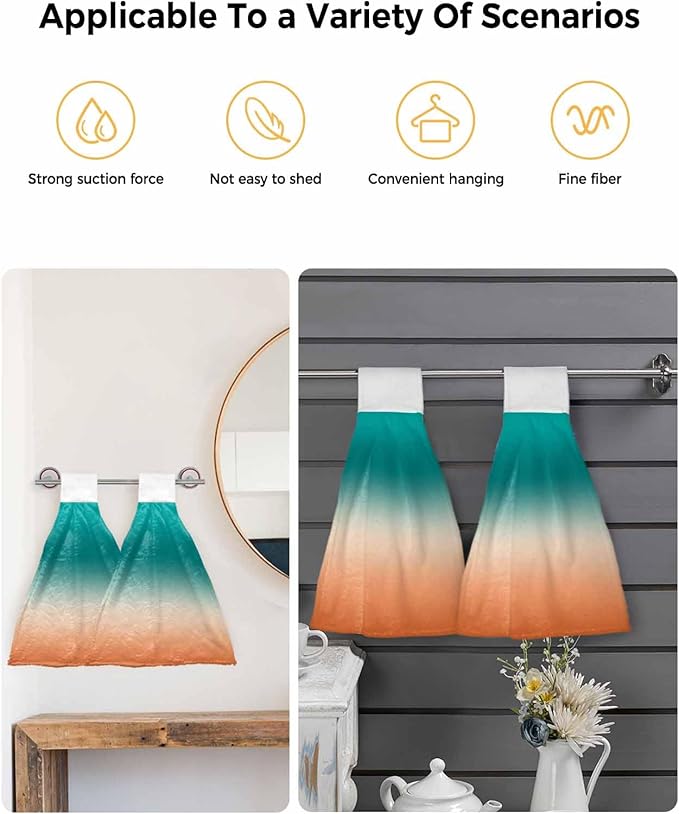 Alandar Home Kitchen Tie Towel Set of 2, Turquoise Orange Gradient Absorbent Soft Hand Towels for Bathroom Hanging Towels, Watercolor Stripes Ombre Fast Drying Cleaning Cloth with Loop