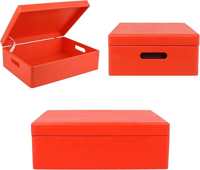 Creative Deco XL Red Wooden Box Storage with Hinged Lid | 15.8x11.8x5.5in (+-0.5) | Keepsake with Handles | Gift Box for Tool Dog Toy Kitchen Storage | Wood Chest Trunk