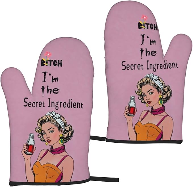 Oven Mitts of 2-Pack Set, Biich I Am The Secret Ingredient, Funny Kitchen Gloves Heat Resistant Non-Slip Kitchen Mitts Safe Cooking Baking Grilling