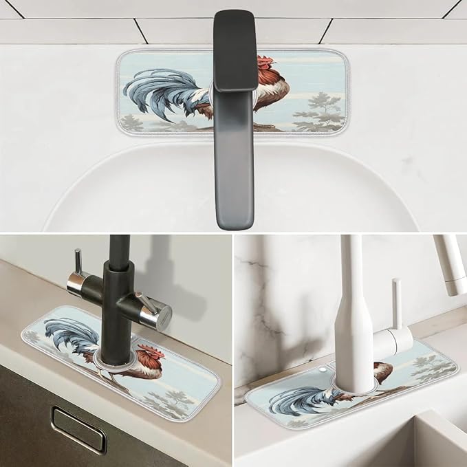 Animal Rooster Sink Mat for Kitchen Faucet Absorbent Microfiber Faucet Mat Washable Sink Water Splash Guard Drip Catcher for Faucet