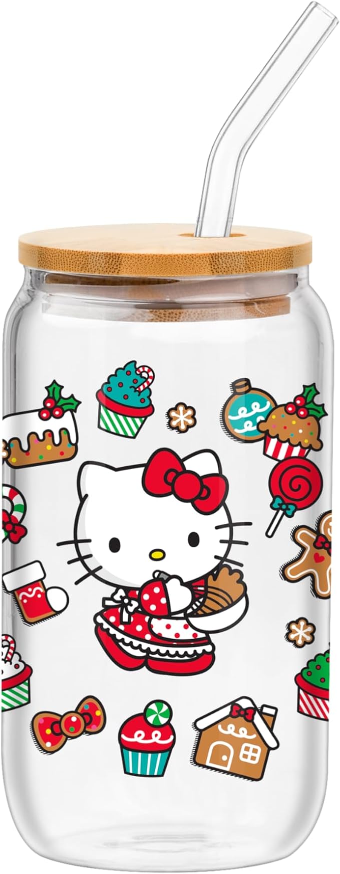 Silver Buffalo Sanrio Hello Kitty Sweet Christmas Holiday Desserts and Gingerbread Houses Glass Jar Tumbler with Bamboo Lid and Glass Straw, 16 Ounces