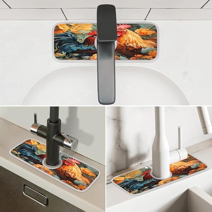 Farmhouse Vintage Rooster Sink Mat for Kitchen Faucet Absorbent Microfiber Faucet Mat Washable Sink Water Splash Guard Drip Catcher for Faucet