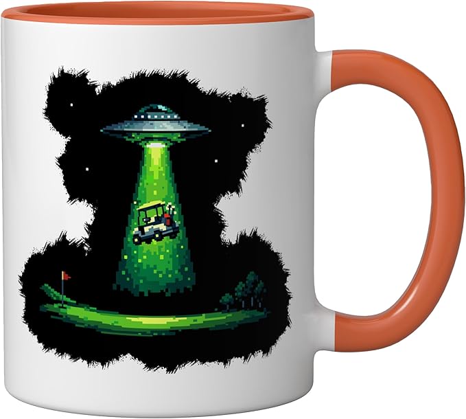 Retro Pixel Art UFO Abducting Golf Cart Funny Alien Golfing Ceramic Mug, Orange/White