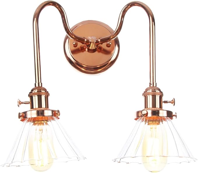 Wall Lamps with Switch, 2-Lights Rose Gold Bathroom Vanity Lights Wall Mounted Lighting Clear Glass Lampshade Wall Sconces(Color:A)