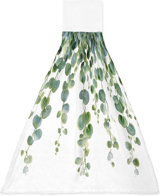 Alandar Home Kitchen Tie Towel Set of 1, Spring Green Eucalyptus Leaves Absorbent Soft Hand Towels for Bathroom Hanging Towels, Watercolor Botanical Fast Drying Cleaning Cloth with Loop