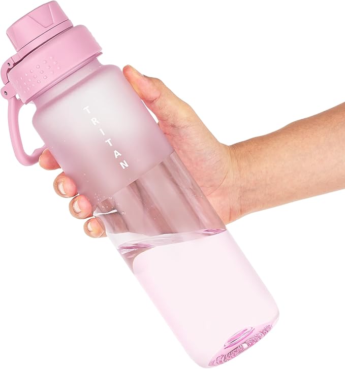 OLDLEY 32oz Frosted Clear Water Bottle, BPA-Free Tritan Plastic Reusable Water Bottle with Fast-Flow Spout Lid, Wide Mouth Leakproof Sports Drinking Bottle for Gym, School, Office, Travel,Pink