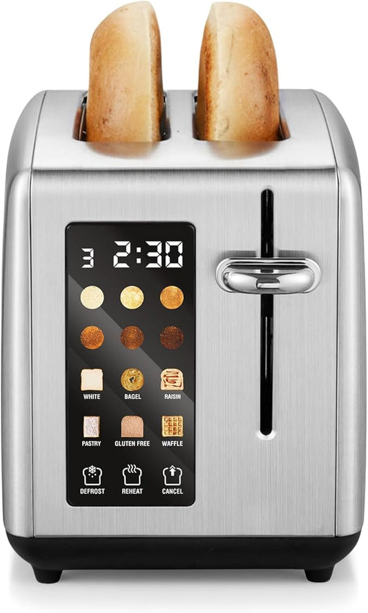 Elite Gourmet 2-Slice Toaster with Digital Countdown, Extra-Wide Slots for Bagels & Thick Bread, One-Touch Presets, Stainless Steel, Defrost/Reheat/Cancel