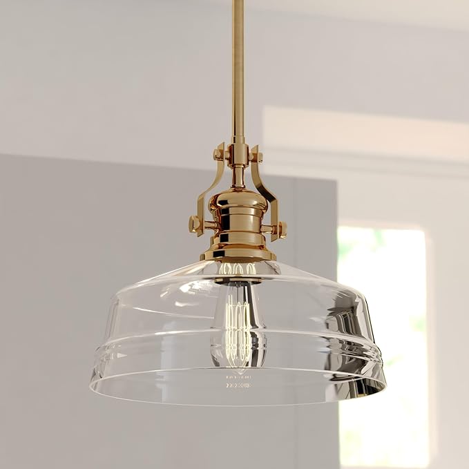 VAXCEL Beloit 1-Light Brushed Gold Farmhouse Pendant Light, Clear Seeded Glass Shade, Adjustable Height, Kitchen Islands, Dining Rooms, or Living Spaces, LED Compatible, Dimmable, Sloped Ceiling