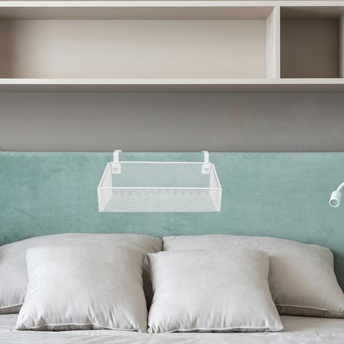 PartyKindom Hanging Bed Organizer, Metal Wire Bedside Caddy with Removable Hooks Spacious Bunk Bed Storage Basket Shelf for Phone Books Aesthetic Dorm Room Essentials Nightstand Alternative (White)