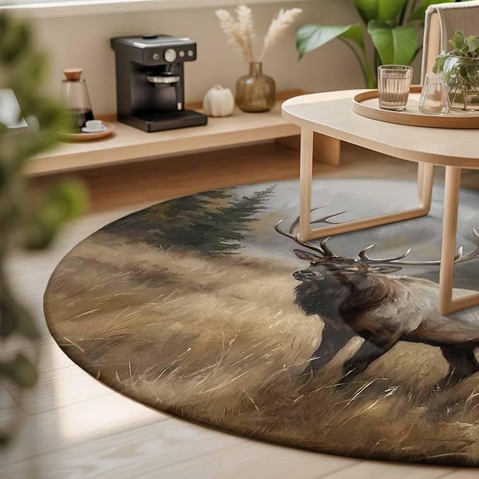 Washable Round Area Rug Brown Animals Elk Circle Rugs Floor Carpet for Living Room Bedroom, Retro Forest Landscape Soft Non Slip Round Rug 3ft
