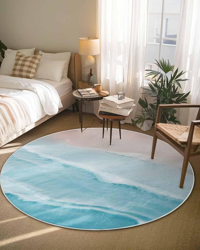 Round Area Rug,Summer Beach Blue Wave Water Ripple Circle Living Room Rug Non-Slip Rugs Indoor Carpet,Seaside Coastal Nautical Soft Comfort Rugs for Bedroom KidsRoom Nursery