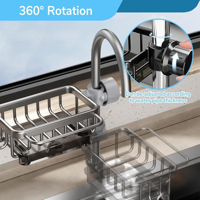 Kitchen Sink Faucet Organizer, 2024 Upgraded Dish Sponge Holder Over Faucet Kitchen Sink Caddy Organizer with Hook for Bathroom, Scrubbers, Soap, Work With 0.7-1.1inch Round Water Pipe (Black, Left)