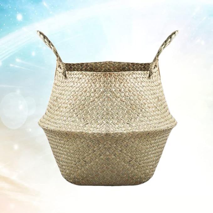 Portable Seagrass Woven Plant Vase Storage Basket with Handle for Home Decor Stylish Hand Basket for Indoor Plants Organizing and Decorative Storage