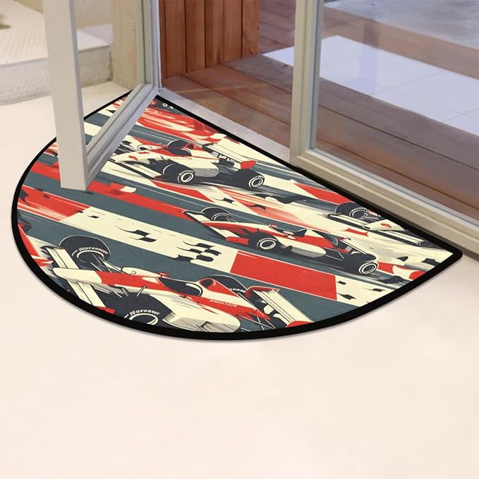 Race Cars Half-Round Door Mat | Indoor Entrance Half-Moon Rug | Low-Pile | Area Rug, Non-Slip, Absorbent Semi-Circle Welcome Mats for Kitchen, Patio, and Home Decor | 36x24 Inches