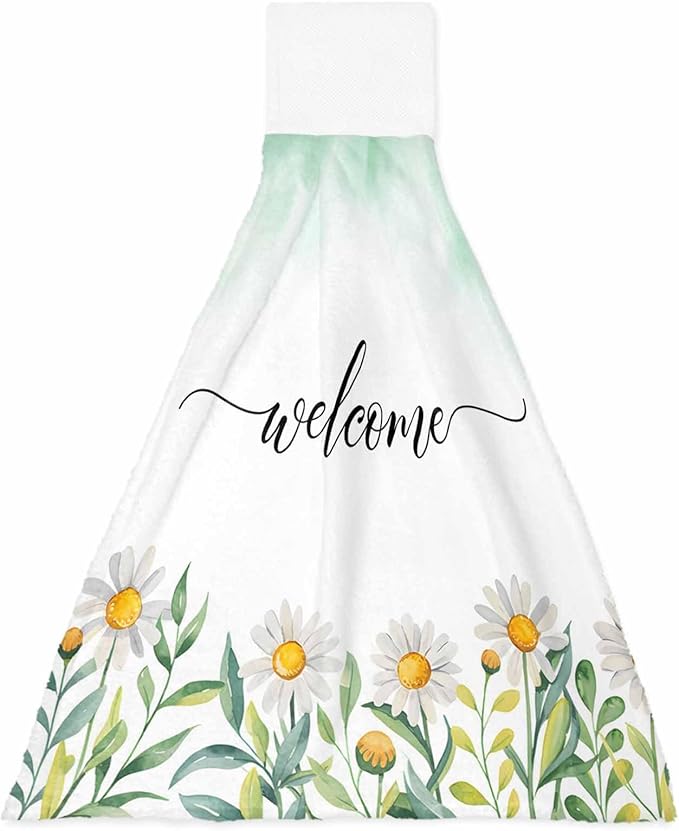 Alandar Home Kitchen Tie Towel Set of 1, Pastoral Farm Daisy Flowers Absorbent Soft Hand Towels for Bathroom Hanging Towels, Welcome on Gradient Green Fast Drying Cleaning Cloth with Loop