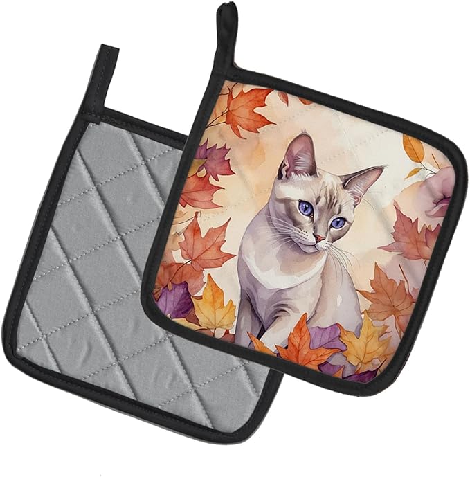 Caroline's Treasures Thai Lilac Cat in Fall Leaves Pair of Pot Holders Kitchen Heat Resistant Pot Holders Sets Oven Hot Pads for Cooking Baking BBQ, 7 1/2 x 7 1/2
