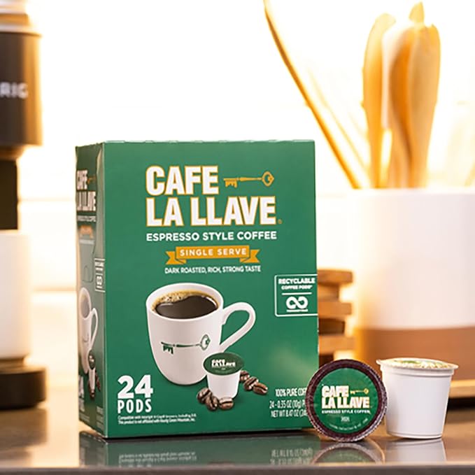 Cafe La Llave 72 Count Dark Roast Coffee Pods, Espresso Style, Compatible with Keurig Brewers, Single Serve Rich Bold Flavor