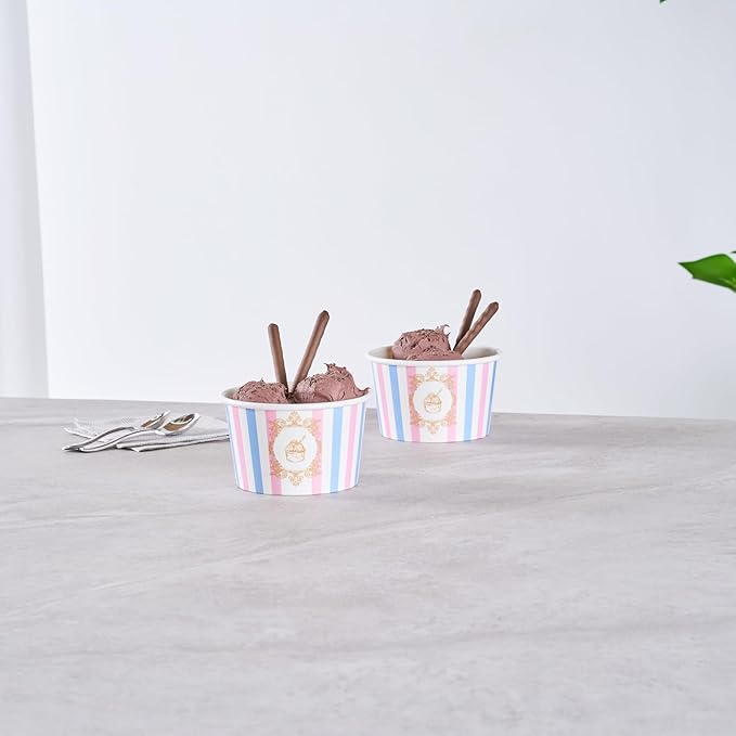 Coppetta 8 Ounce Dessert Cups, 200 Greaseproof Ice Cream Cups - Lids Sold Separately, For Hot And Cold Foods, Pink And Blue Stripe Paper Yogurt Bowls, Disposable, Sturdy - Restaurantware