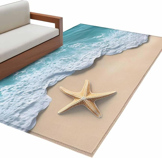 Area Rug 3x5ft, Beach Starfish Teal Sea Water Washable Rugs for Living Room Bedroom, Summer Ocean Theme Soft Non-Slip Area Rugs Rectangle Floor Carpet for Dining Room