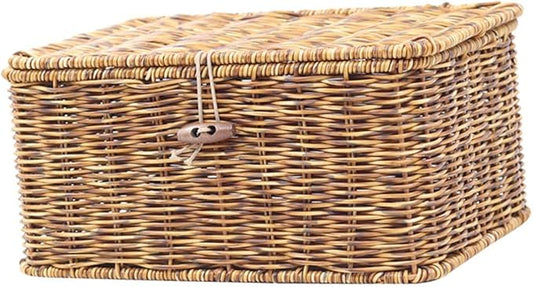 FRCOLOR Imitation Rattan Storage Box with Lid Woven Organizing Sundry Box for Bedroom Bathroom Living Office Neat Orderly Accessory Storage