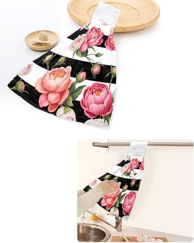 Alandar Home Kitchen Tie Towel Set of 1, Country Pink Rose Flowers Absorbent Soft Hand Towels for Bathroom Hanging Towels, Floral on Black White Striped Fast Drying Cleaning Cloth with Loop