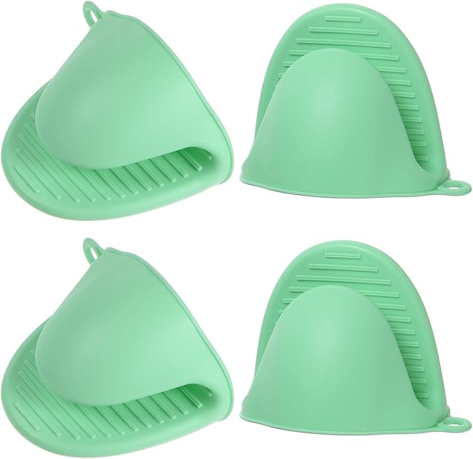 HARFINGTON 4pcs Thickened Mini Oven Gloves, Heat Resistant Silicone Oven Mitts Finger Pinch Grips Pot Holder for Kitchen, Cooking, Baking, BBQ Heat Resistant Gloves, Light Green