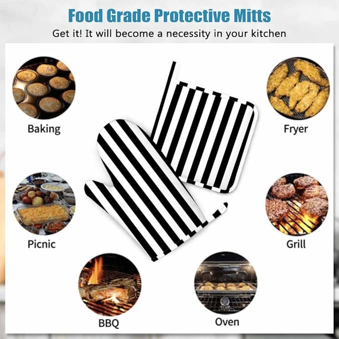 Mxocom Vertical Black Strip Oven Mitts and Pot Holders Sets Black White Silicone Heat Resistant Kitchen Oven Gloves Pot Holder for Cooking