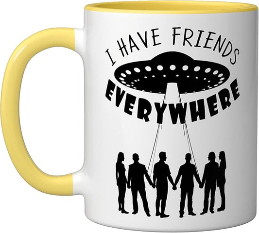 I Have Friends Everywhere UFO Silhouette Graphic Ceramic Mug, Yellow/White