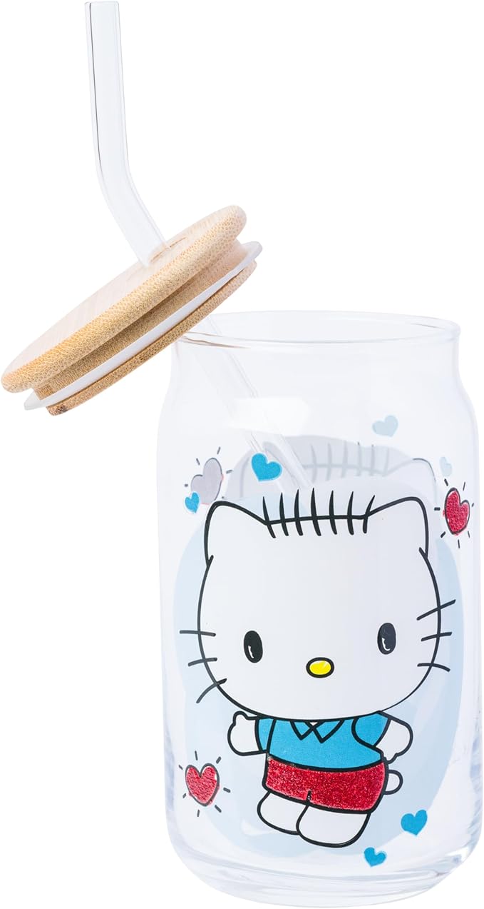 Silver Buffalo Sanrio Hello Kitty and Friends Glitter 2 Pack Glass Tumbler with Bamboo Lid and Glass Straw Set Featuring Hello Kitty and Dear Daniel, 16 Ounces