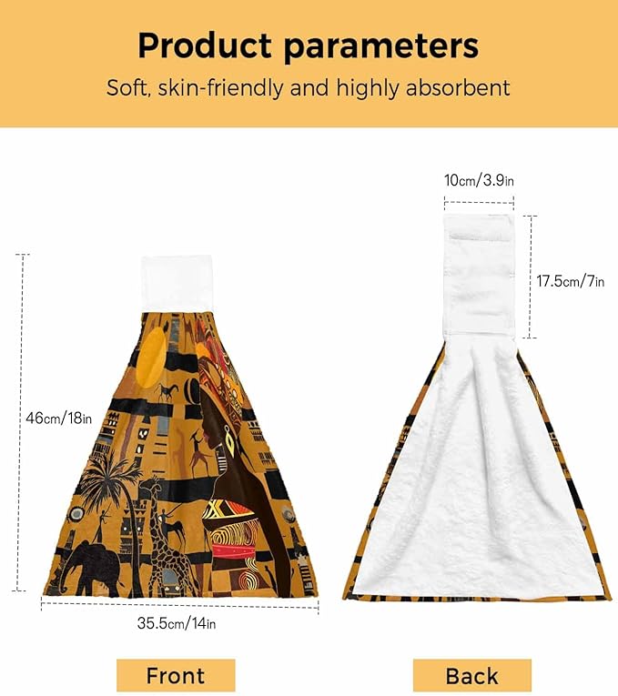 Alandar Home Kitchen Tie Towel Set of 1, Black Women Giraffe Elephant Tree Absorbent Soft Hand Towels for Bathroom Hanging Towels, African Animal Fast Drying Cleaning Cloth with Loop
