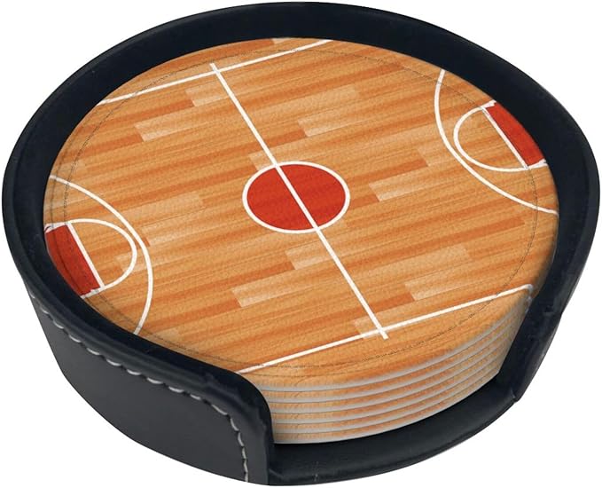 Basketball Court Leather Drinks Coasters with Holder, Set of 6, Suitable for Various Cups