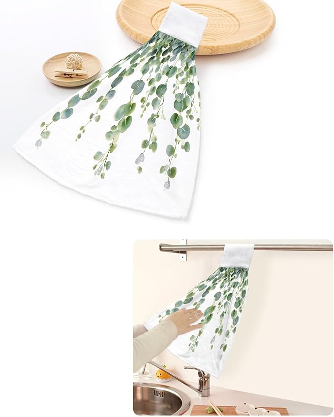 Alandar Home Kitchen Tie Towel Set of 1, Spring Green Eucalyptus Leaves Absorbent Soft Hand Towels for Bathroom Hanging Towels, Watercolor Botanical Fast Drying Cleaning Cloth with Loop