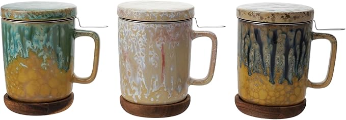 Creative Co-Op 3-Piece Stoneware Mug with Strainer, Lid and Saucer, Multicolor