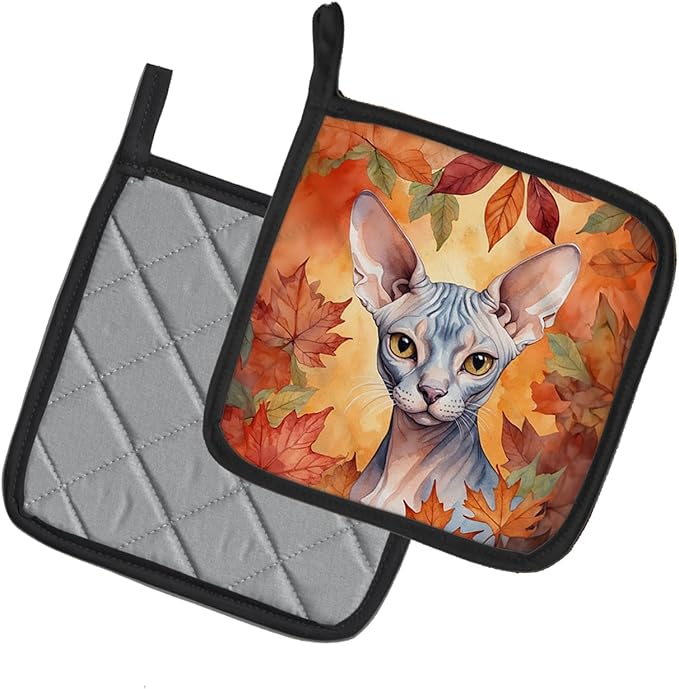 Caroline's Treasures Sphynx Cat in Fall Leaves Pair of Pot Holders Kitchen Heat Resistant Pot Holders Sets Oven Hot Pads for Cooking Baking BBQ, 7 1/2 x 7 1/2