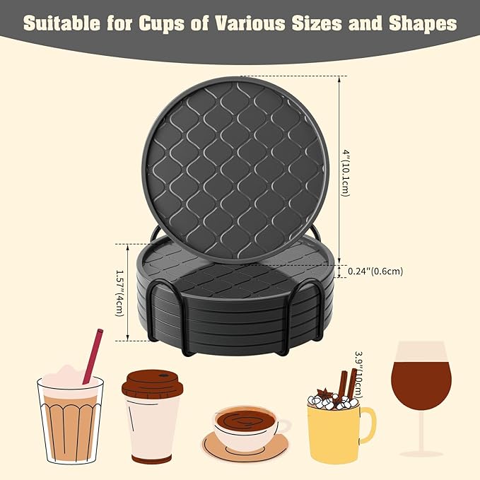 Coasters Set of 6,Hot or Cold Drink Coasters with Holder,Modern Style Coffee Table Coaster,Suitable for Kinds Cups Beer,Drink,Anti-Overflow Tabletop Protection(Gray, 6pcs)