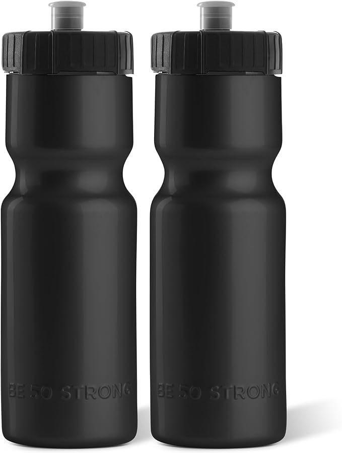 50 Strong Sports Water Bottles – Reusable 22 oz BPA-Free Plastic Bottles with Pull Top Cap – Made in USA – Top Rack Dishwasher Safe – Fits Most Bike Cages Brand