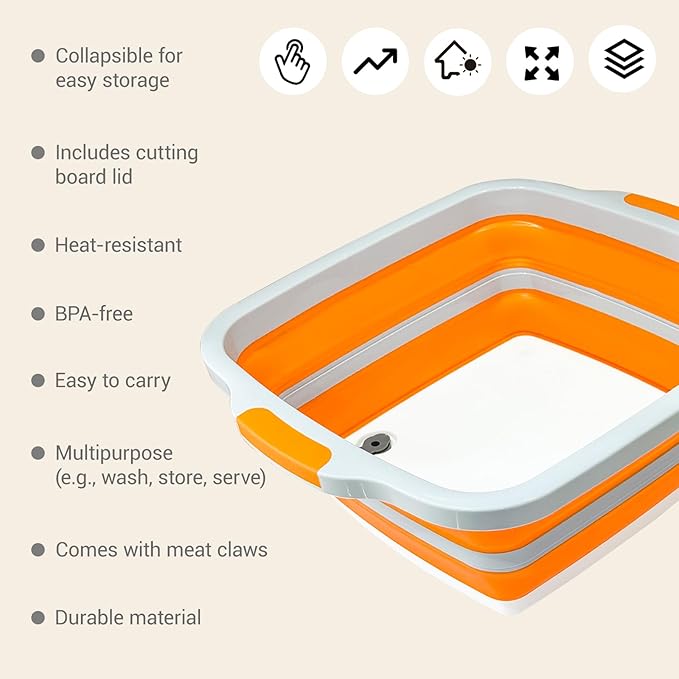 Collapsible BBQ Prep Tub with Locking Cutting Board Lid & Strainer – Portable Grill Prep Station for Marinating & Food Prep, Foldable Camping Sink for BBQ, Picnic & Outdoor Cooking (Orange)