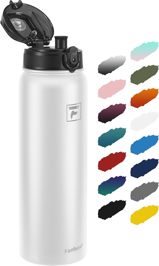 Fanhaw 32 Oz Insulated Stainless Steel Vacuum Water Bottle with Anti-Dust Pop-Open Lid - For Kids, Women, Men | Leak & Sweat Proof (White)