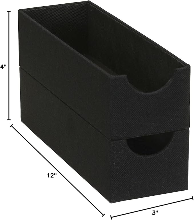 Household Essentials 2-Pack of Drawer Organizers, Sturdy Chipboard with Soft Polyester Cover, Handy and Fashionable Organization Solution, 3” H x 4” W x 12” D, Black Linen