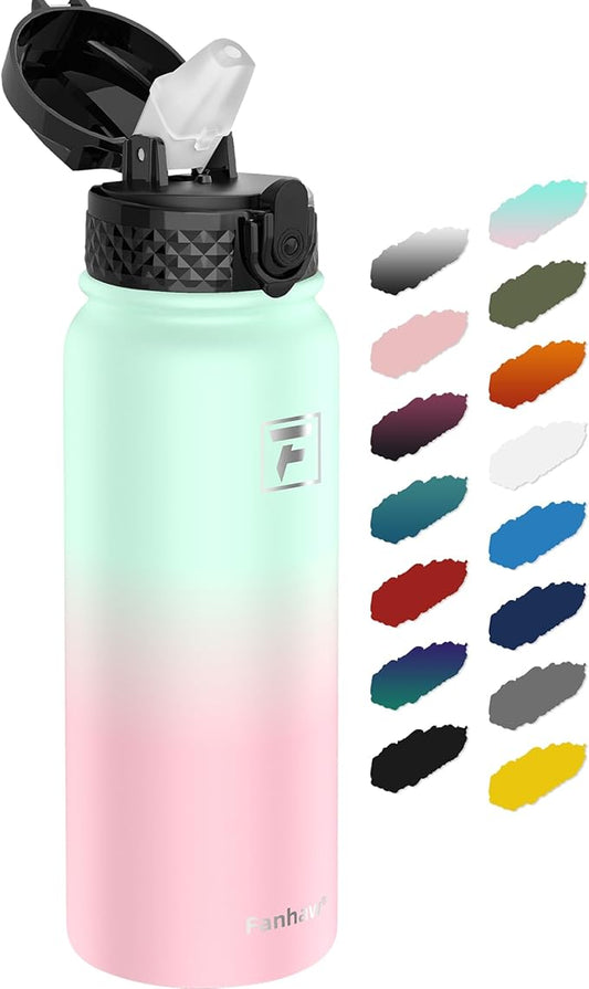 Fanhaw 20 oz Insulated Stainless Steel Water Bottle with Straw Lid, Leakproof & Anti-Dust Sports Bottle for Kids, Women & Men (Green Pink)