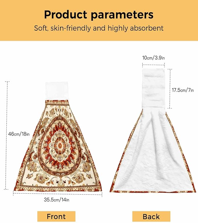 Alandar Home Kitchen Tie Towel Set of 2, Abstract Flower Bohemian Pattern Absorbent Soft Hand Towels for Bathroom Hanging Towels, Blossom Floral Retro Geometric Fast Drying Cleaning Cloth with Loop