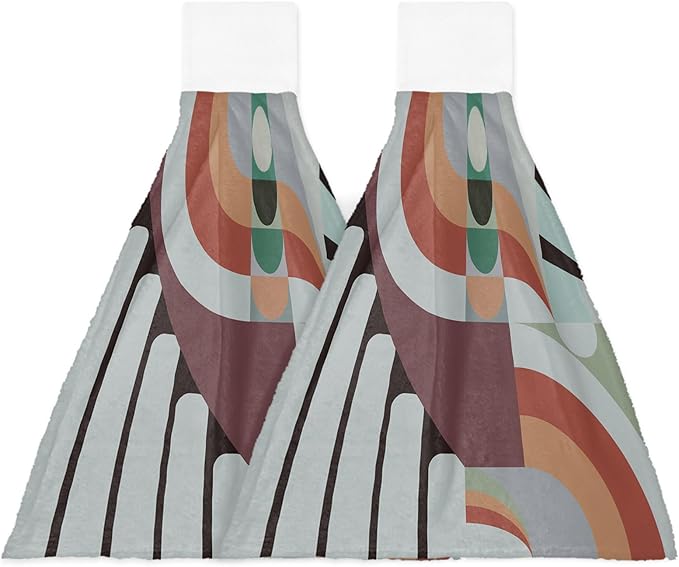 Alandar Home Kitchen Tie Towel Set of 2, Middle Century Geometric Art Absorbent Soft Hand Towels for Bathroom Hanging Towels, Abstract Minimalist Arch Fast Drying Cleaning Cloth with Loop