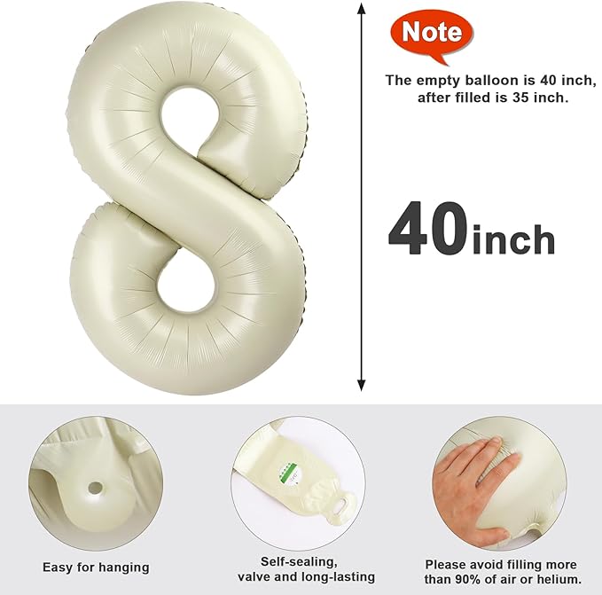 40 Inch Number 8 Balloon, Cream White 8 18 28 80 Birthday Balloons for Men Boys, 8th Birthday Decorations Party Supplies, Wedding, Graduations