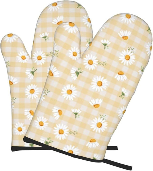 Daisy Flower Oven Mitts of 2 Pack, Funny Kitchen Gloves Heat Resistant Non-Slip Kitchen Mitts for Cooking Baking Grilling